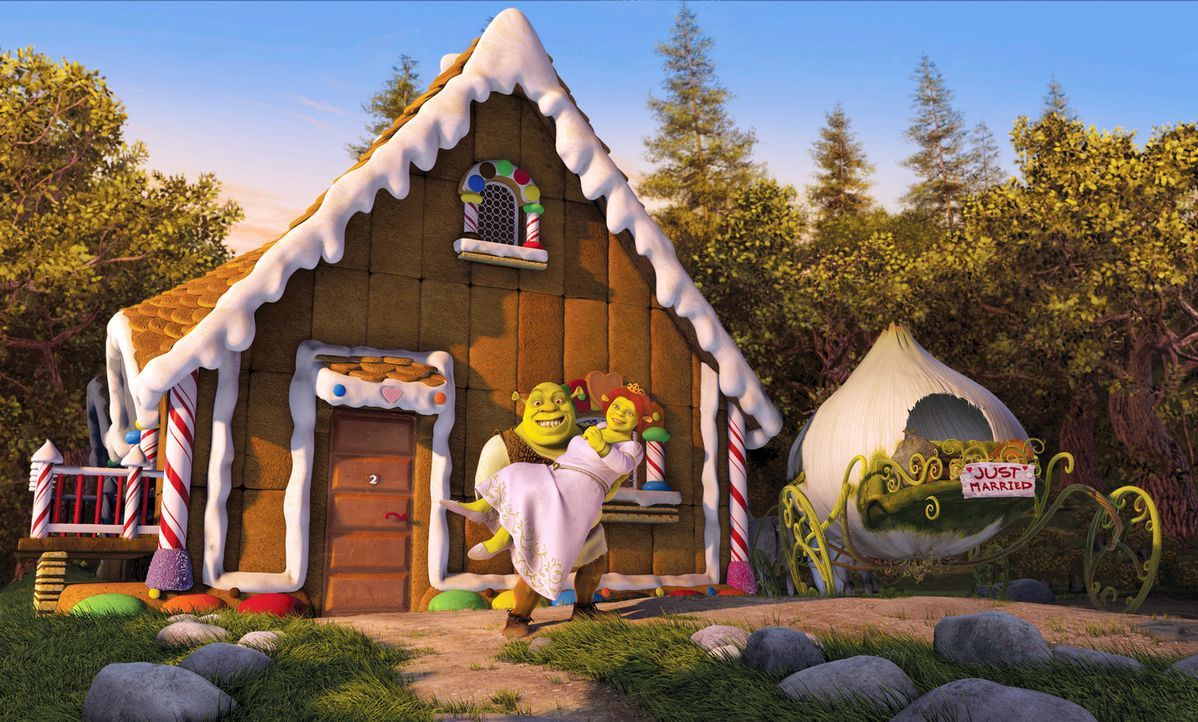Wunschlos glücklich! Doch dann müssen Shrek, l. und Prinzession Fiona, r. auf Verwandtenbesuch gehen ... - Bildquelle: DreamWorks SKG