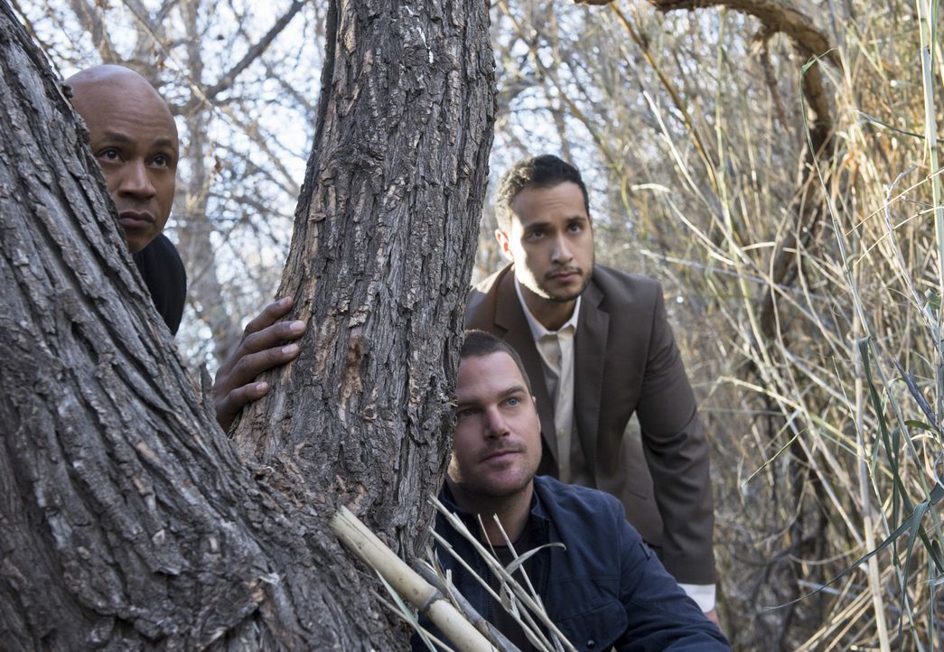 Auf der Flucht von ihren Entführern stoßen Callen (Chris O'Donnell, M.) und Sam (LL Cool J, l.) auf Martin Smair (Jaylen Moore, r.), der sich als Mi... - Bildquelle: CBS Studios Inc. All Rights Reserved.