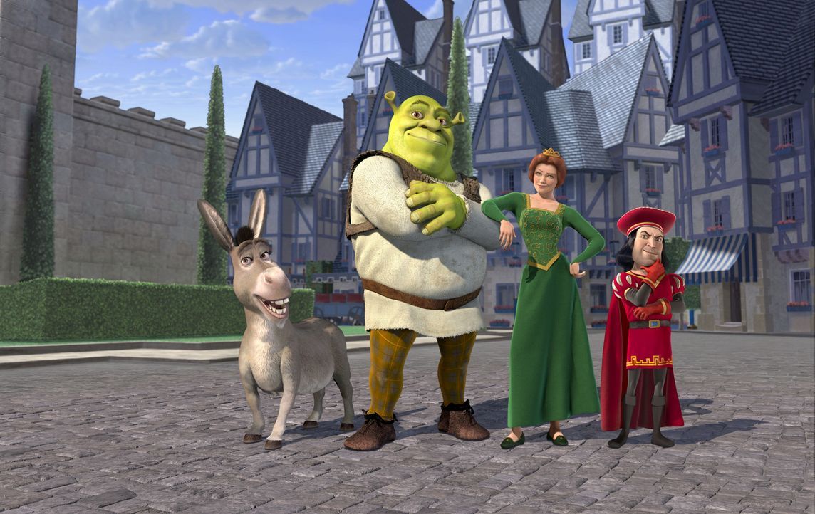 Prinzessin Fiona (2.v.r.) soll von Shrek (2.v.l.) und dem sprechenden Esel (l.) gegen ihren Willen zu Lord Farquaad (r.) gebracht werden - der hat n... - Bildquelle: TM &   2001 DreamWorks L.L.C.
