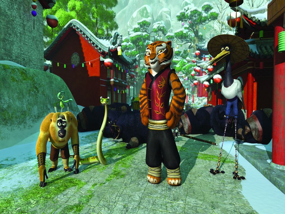 Müssen Po bei den Vorbereitungen für das Winterfest der Kung Fu-Kämpfer helfen: (v.l.n.r.) Monkey, Mantis, Viper, Tigress und Crane - Bildquelle: 2008 DREAMWORKS ANIMATION LLC. ALL RIGHTS RESERVED.