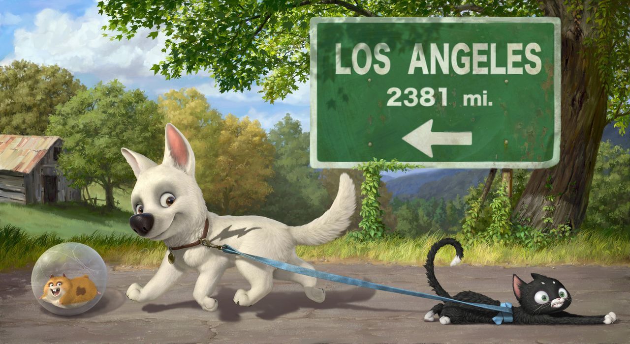 Mittens (M.) und Bolt (l.) treffen auf Dino (r.), einen fernsehbesessenen Hamster, der sein Leben in einem Joggingball verbringt und Bolts Serie ver... - Bildquelle: Disney Enterprises, Inc.  All rights reserved