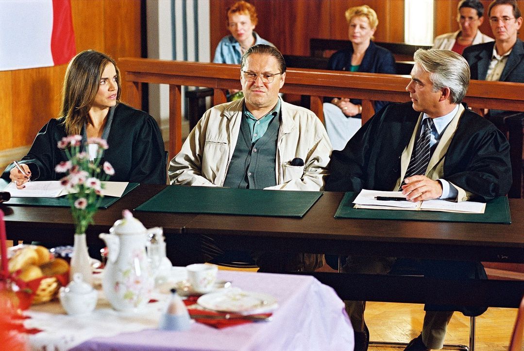 Felix (Christoph M. Ohrt, r.) und Sandra (Rebecca Immanuel, l.) vertreten Hans-Günther Blechschmidt (Michael Brandner, M.), der verdächtigt wird,... - Bildquelle: Hardy Spitz Sat.1