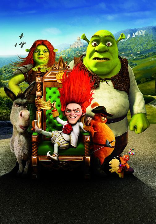 Das Rumpelstilzchen macht Shrek das Leben schwer. Er kann sich zum Glück immer auf seine Freunde Esel (l.), Fiona (2.v.l.), den gestiefelten Kater... - Bildquelle: 2012 DreamWorks Animation LLC. All Rights Reserved.