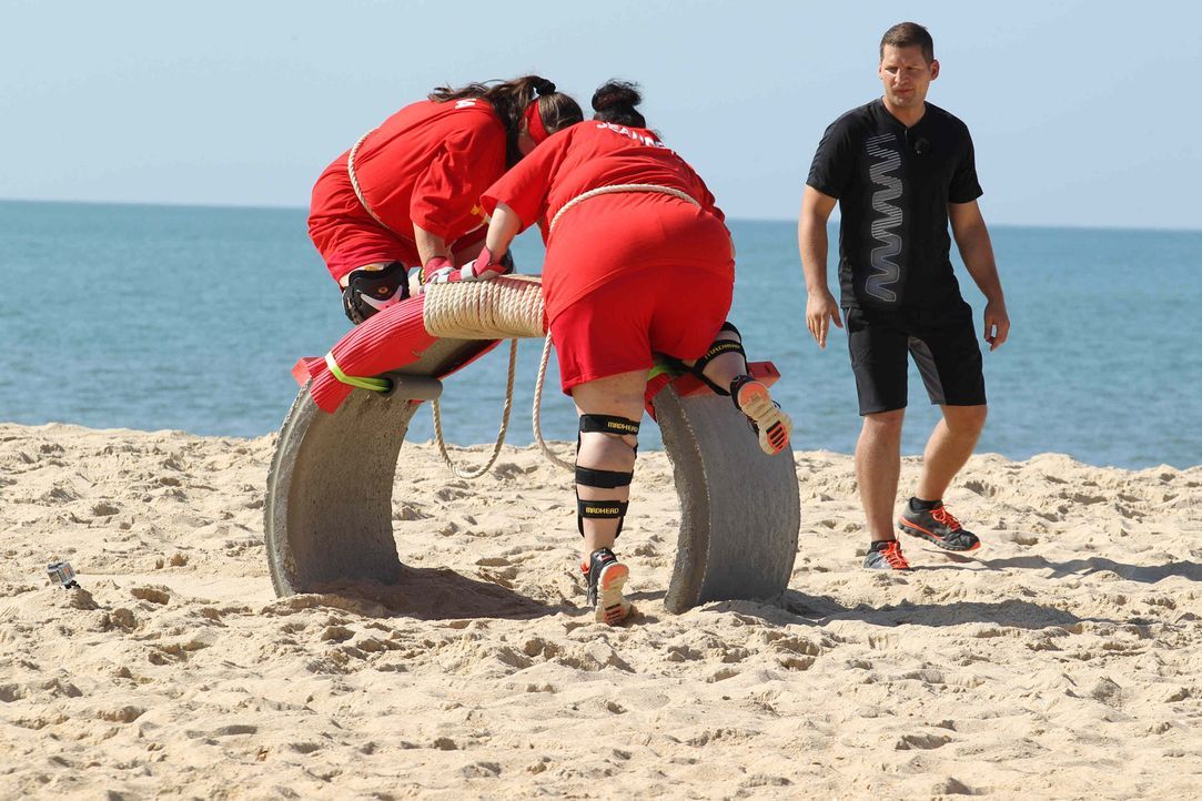 Körpereinsatz ist gefragt: Barbara (l.) und Jeannette (M.) mit Coach Ramin Abtin (r.) ... - Bildquelle: Enrique Cano SAT.1