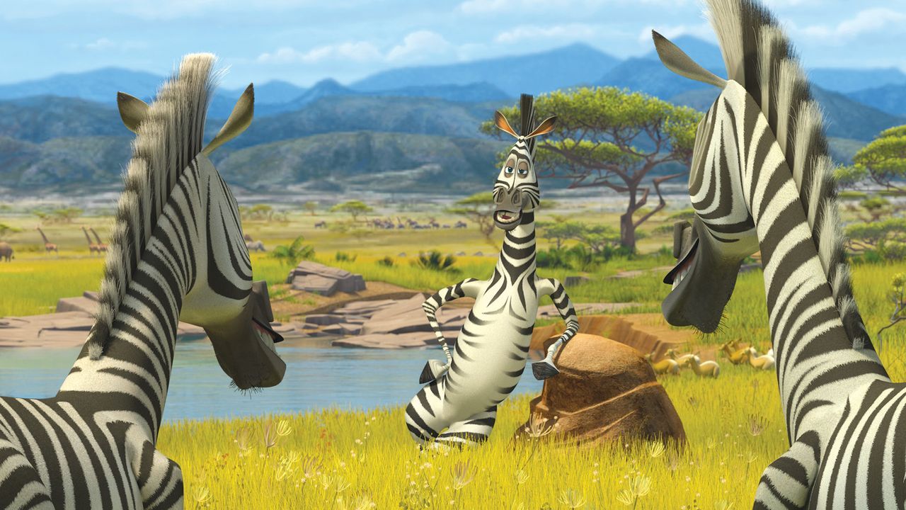 Hey, ihr seht ja aus wie ich! Marty (M.) trifft in Afrika erstmals auf gleichgesinnte Zebras ... - Bildquelle: (2008) DREAMWORKS ANIMATION LLC. ALL RIGHTS RESERVED.