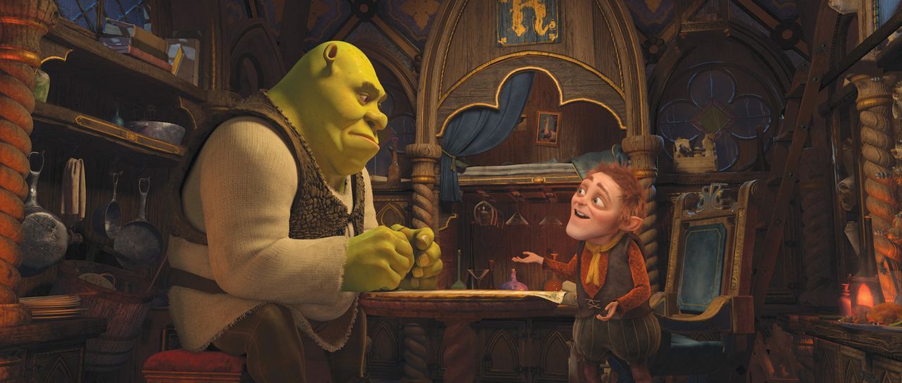 Das Rumpelstilzchen (r.) nutzt die Unzufriedenheit von Shrek (l.), um ihn in eine Falle zu locken ... - Bildquelle: 2012 DreamWorks Animation LLC. All Rights Reserved.