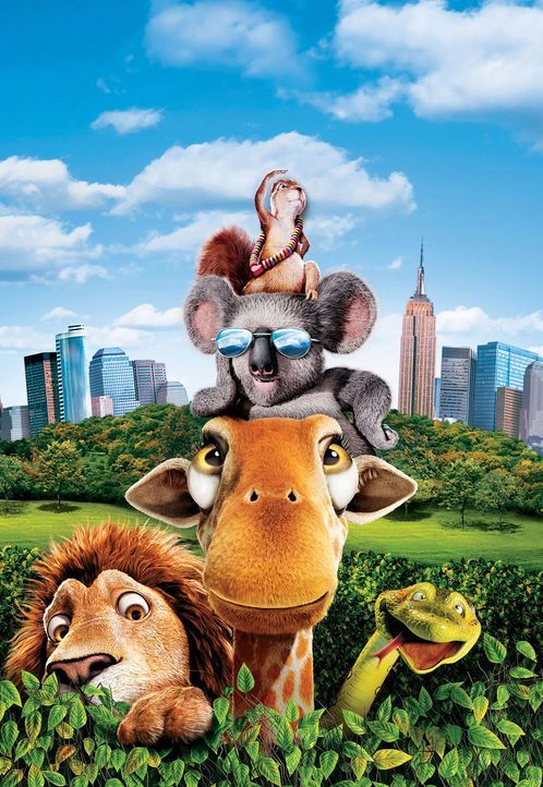 Eichhörnchen Benny (oben), Koala Nigel (2.v. oben), Giraffe Bridget (M.), Löwe Samson (l.) und Anakonda Larry (r.) gehen auf eine tierisch wilde Rei... - Bildquelle: Disney Enterprises, Inc.  All rights reserved