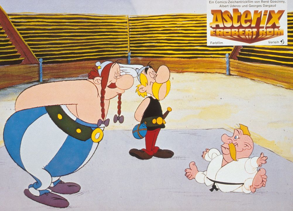 Asterix (M.) und Obelix (l.) sollen gegen den germanischen Judomeister (r.) antreten - wer wohl gewinnen wird? - Bildquelle: Jugendfilm-Verleih GmbH